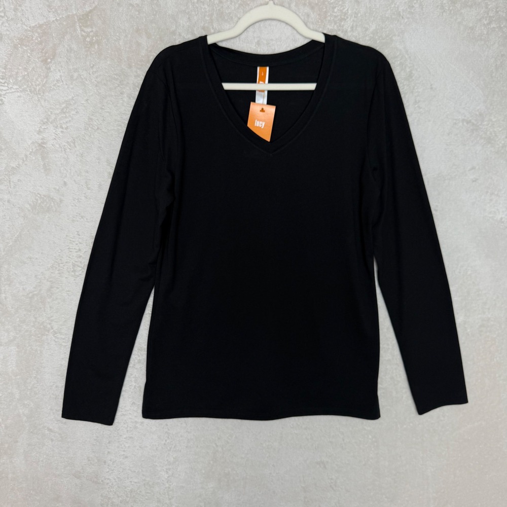 Lucy Womens Long Sleeve V-Neck Base Layer Top Black Large NWT Cotton Blend